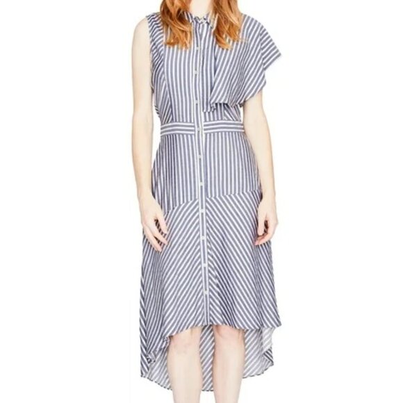 Rachel Roy Women’s Striped Shirtdress Blue Metallic Gold Stripes Low High Hem 8 - Picture 1 of 9